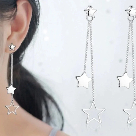 925 Sterling Silver Star Star Dangle Drop Earrings Star Long Tassel Earrings - Picture 2 of 5